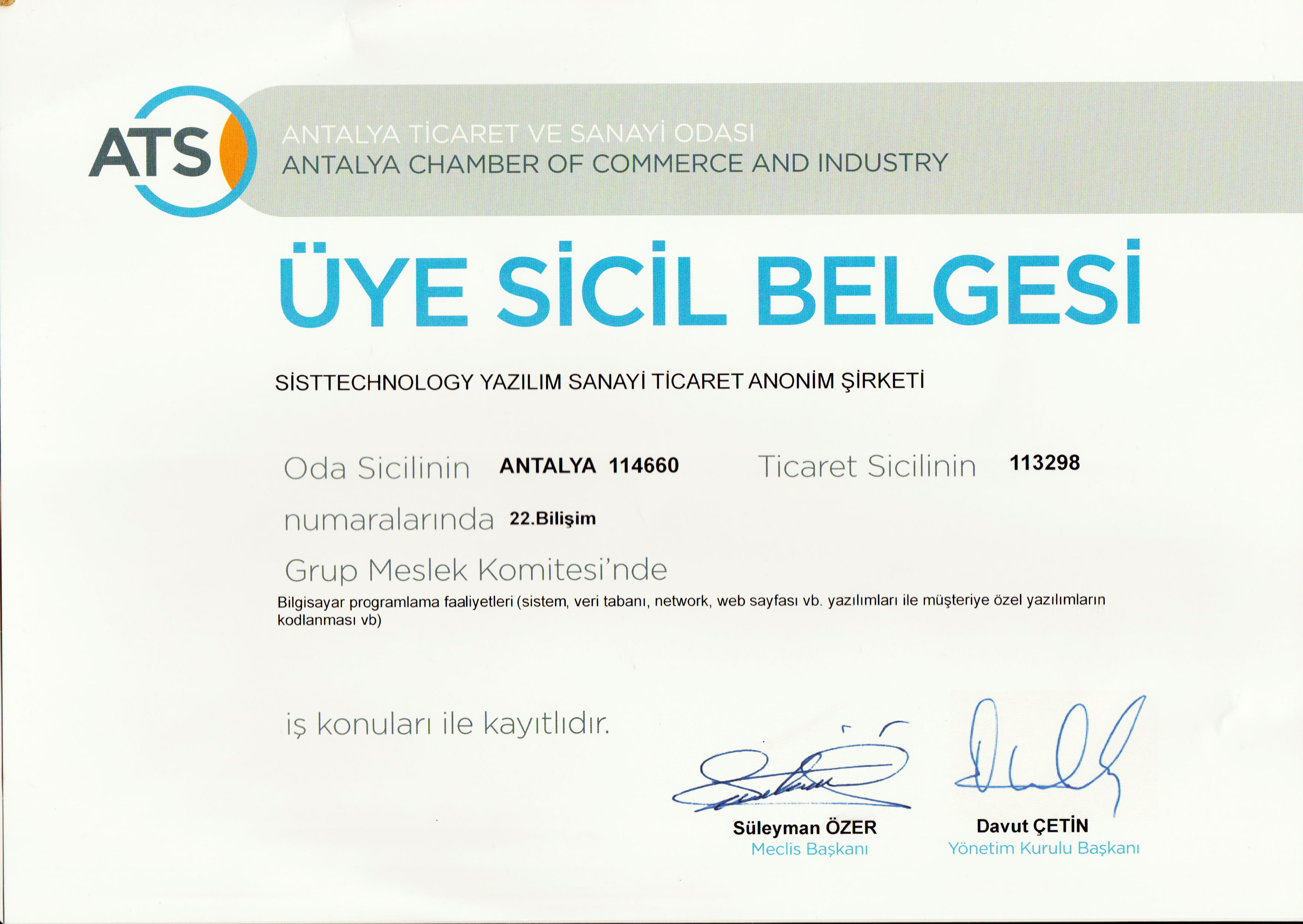 Antalya Ticaret ve Sanayi Odası Belgesi